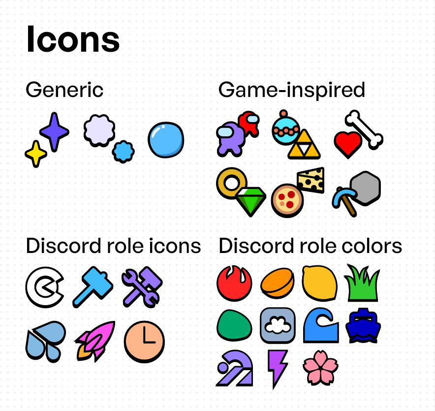 Different types of themed and colorful icons
